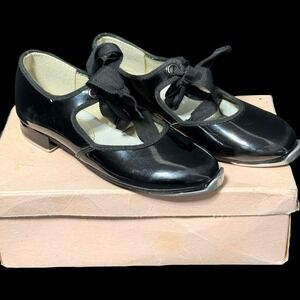 La Mendola Vintage Black Patent Leather Tap Shoes Dancette Taps Mary Jane 70's